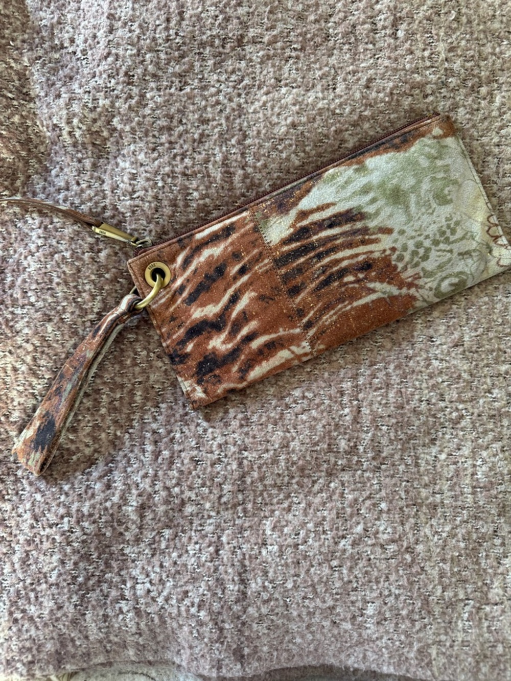 Animal & floral print  Wristlet Wallet in Brown, Cream and green